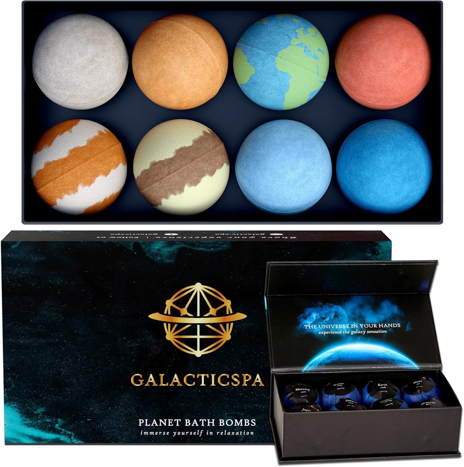Planet Themed Bath Bombs / 8 X 60G Handmade Luxury Bubble Bath Fizzer Set/Non-Staining, Vegan, Cruelty-Free/Spa Gift for Men, Women and Kids