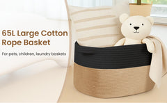 65L Large Storage Basket Blanket Baskets in Living Room, Nursery, Bedroom, Cotton Rope Baskets for Towels, Books, Toys, Dirty Clothes, Baby Storage Organiser, Grey, 65L