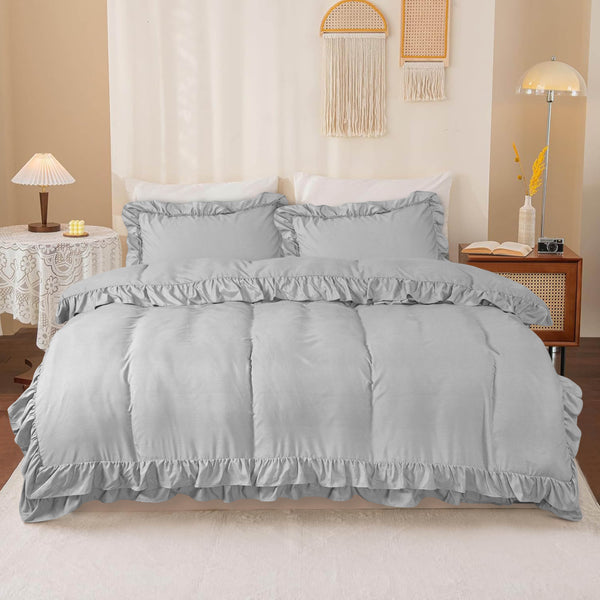 3-Piece Ruffle Frilled Duvet Cover Set – Soft, Comfortable Bedding with Pillowcases, Button Closure, Elegant Layered Design