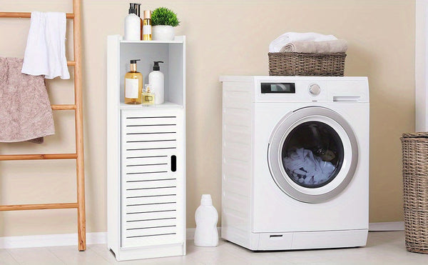 Bathroom Storage Cabinet | White Wood-Plastic Freestanding Organizer | 3-Tier with Slatted Doors & Open Shelf | Space-Saving Design for Bathroom, Kitchen, Bedroom | Modern Minimalist Style, Versatile Cabinet | Slatted Door Design | Woodplastic Material, B