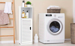 Bathroom Storage Cabinet | White Wood-Plastic Freestanding Organizer | 3-Tier with Slatted Doors & Open Shelf | Space-Saving Design for Bathroom, Kitchen, Bedroom | Modern Minimalist Style, Versatile Cabinet | Slatted Door Design | Woodplastic Material, B
