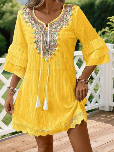 Women's Loose Mini Dress with Ruffle Sleeve & Short Flowy Dress - Solid Color -Line, Machine Washable Suitable for Spring Summer Fall Wedding Guest Dress, Casual Outfits