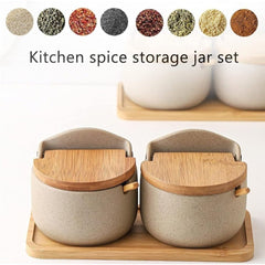 2-Piece Japanese Style Ceramic Spice Jars Set with Bamboo & Wood Lids – Kitchen Storage Containers for Salt, Sugar, Coffee & Tea | Airtight & Stylish Pantry Organisers for Home & Restaurants
