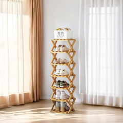4/5/6/7 Tiers Bamboo Wooden Shoe Rack, Vertical Shoe Racks Storage Shelves Tall Shoe Tower, Collapsible Narrow Shoe Stand, Installation Free Folding X-Shape Shoe Racks Sneakers Slippers Holder Organizer, Multi Functional Shoe Rack Durable Footwear Cabinet