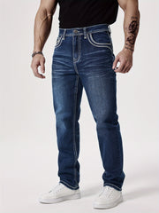Men'S Elastic Washed Denim Jeans with Thick Line Embroidery on The Front And Back Pockets