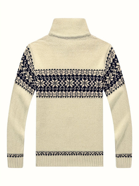 New Autumn And Winter Casual Men'S Knitted Cardigan, Featuring a Thick Ethnic-Style Snowflake Jacquard with a Stand-Up Collar And Zipper. This Stylish Long-Sleeve Sweater Jacket Is Perfect for Men'S Daily Wear in The Fall And Winter