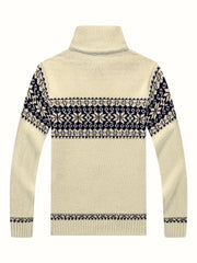 New Autumn And Winter Casual Men'S Knitted Cardigan, Featuring a Thick Ethnic-Style Snowflake Jacquard with a Stand-Up Collar And Zipper. This Stylish Long-Sleeve Sweater Jacket Is Perfect for Men'S Daily Wear in The Fall And Winter