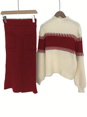 High Neck Pullover Skirt Split Two-Piece Color Block Contrast Thick Long Sleeve Sweater Set, Winter Wardrobe, Elegant Style, Color Block Design, Thick Fabric, Pullover Top, Long Sleeve Skirt, Women'S Fashion, Office Wear