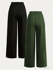 2pcs Women's Wide-Leg Pants with Elastic High Waist Loose Fit Straight Leg + Step