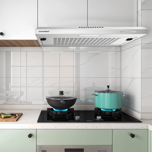 Midea COMFEE' 60 cm Visor Cooker Hood – Practical Home LED Under Cabinet Hood, Wall-Mounted Extractor Fan for 600 mm Kitchen Spaces, Top Vented Range Hood in Stainless Steel [Energy Class B]