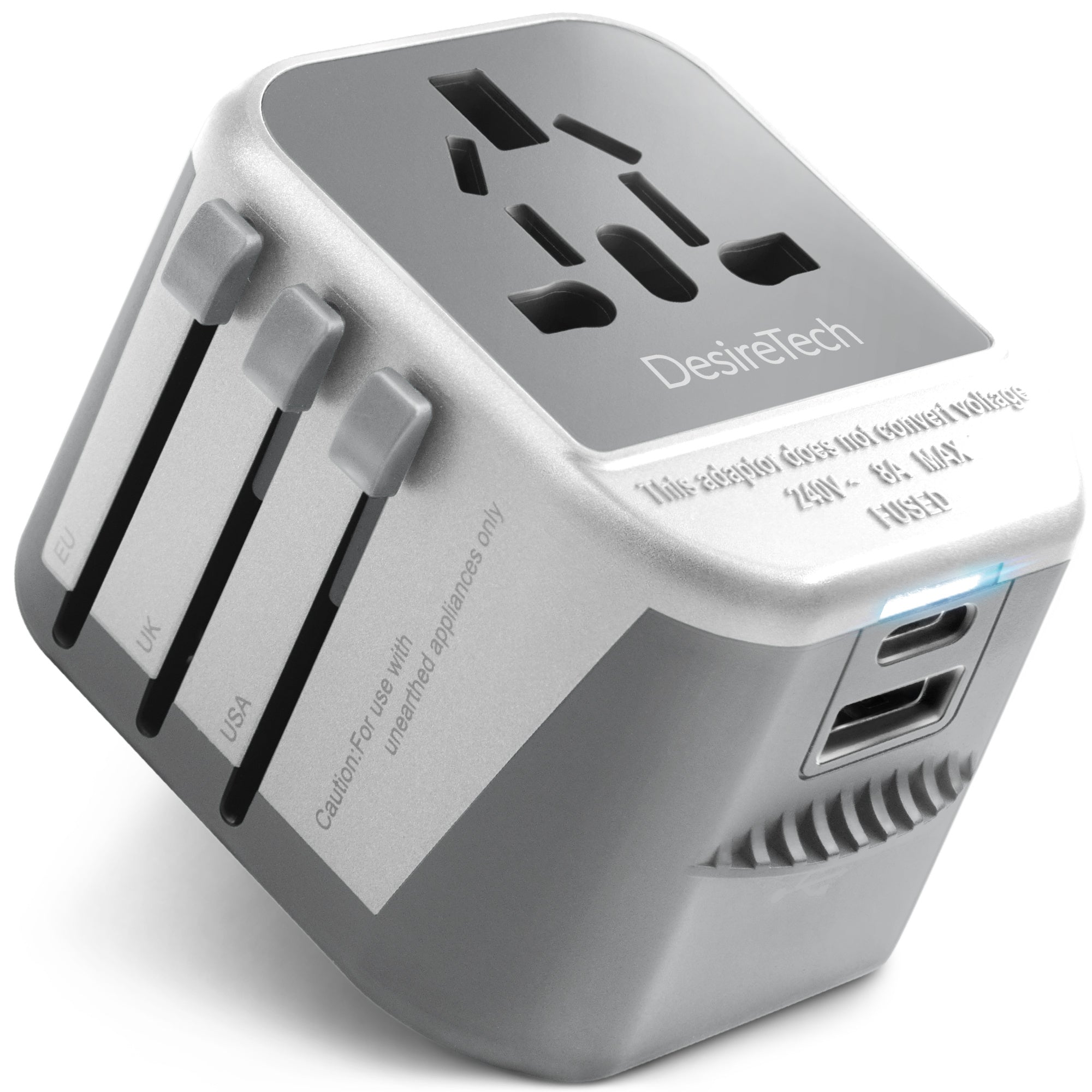 Desiretech Travel Adaptor 4-in-1 Universal Plug Adapter with USB-A, USB-C, Phone Docking - Compact UK to World Adaptor, Double Fuse Protection - Perfect for Europe, USA, Asia & Beyond