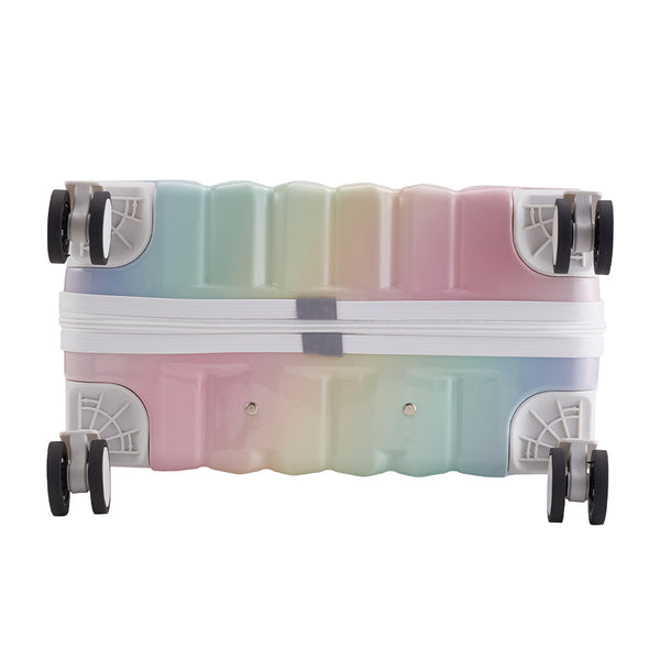 Cabin Luggage, Multifunctional Suitcase, Travel Suitcase, Carry-on Luggage with Cup Holder, Stand, Hook, Dreamy Rainbow Gradient Luggage 18 Inch, Lightweight & Durable Trolley Case with Spinner Wheels