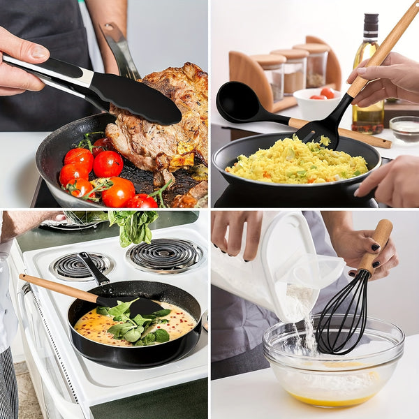 12pcs/22pcs Kitchen Utensils Set, Kitchen Cooking Utensils Set, Spoon, Spatula, 446F Heat Resistant Non Stick Food Grade Silicone And Wooden Handles, Kitchen Tools Set