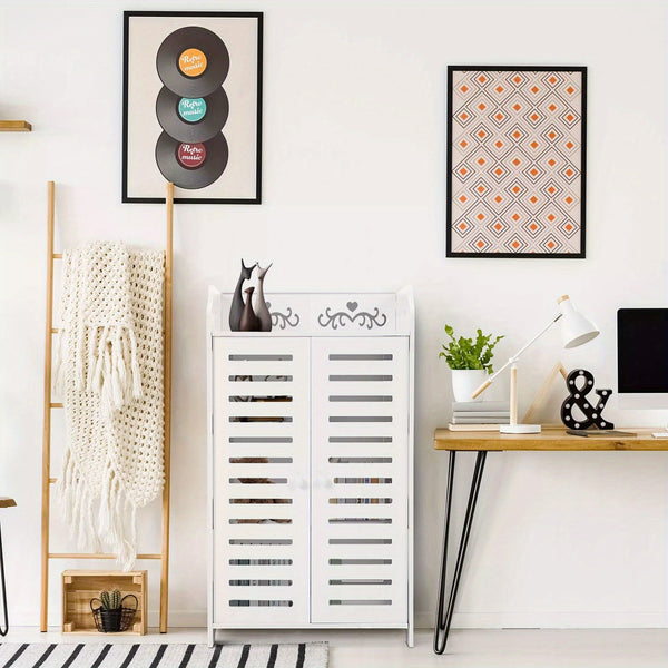 4-Tier White Modern Storage Cabinet with Double Doors - Heavy-Duty MDF/MDF-like Softwood, Shoe & Bookshelf Organizer, -Standing Furniture for Living Room, Bedroom - Space-Saving Vertical Cabinet (No Metal Parts