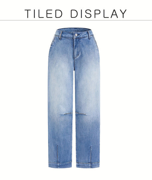 DD Women's 2026 New Stretchy Loose Cropped Jeans, Washed Blue Barrel Denim Trousers, Street Style Ladies' Outfit, Mid-waisted Pantalones with Pockets, 4 Seasons Weared Tummy Control Mom Pants Wide Leg Boyfriend Casual Pants for Travel Work and Office