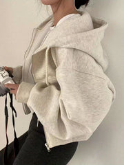 Women's Elegant Fleece Hooded Zipper Jacket with Drawstring - Soft Warm Long Sleeve Sweatshirt, Front Pockets, All-Season Casual Outerwear for Daily Comfort, Sweater Zip Up Hoodie, Comfort Fit Apparel, Ribbed Cuffs Design