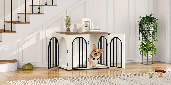 Dog Crate Furniture, 68cm Wooden Dog Crate, Indoor Kennel for Small Dogs, End Side Table Animal Crates, Anti-Chew, Anti-Escape, Arched Door Design, White Brown