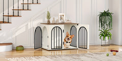 Dog Crate Furniture, 68cm Wooden Dog Crate, Indoor Kennel for Small Dogs, End Side Table Animal Crates, Anti-Chew, Anti-Escape, Arched Door Design, White Brown