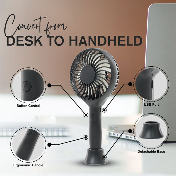 Tanness White/Black Handheld Fan with 3 Speeds - 3000 mAh USB Rechargeable Portable Mini Fan with Stand - Desk & Handheld Use