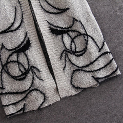 Women'S Abstract Batwing Sleeve Cardigan Sweater - High Neck & Contrast with Greyish- Tones, Mid-Length Casual Winter Fall Jacket, Cozy Character Pattern Design for Layering, Semi-Formal & Casual Attire, Cardigan Sweaters for Women