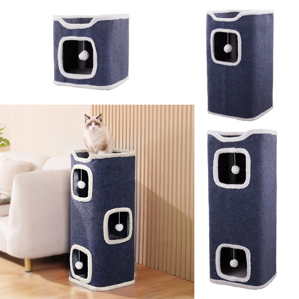 Large Cat Bed Cat House Cave & Tower Foldable Indoor 1/2/3 Layer with Hanging Toy Ball for Small Medium Pets, Large Cats Cube Bed Cave with Hideaway Condos