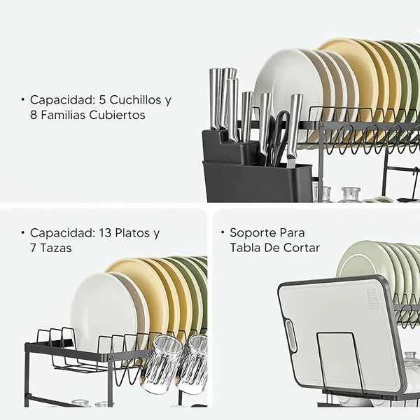 2 Tier Dish Drainer Rack for Kitchen Counter - Space-Saving Dish Rack with Utensil Holder and Cutting Board Holder Large Capacity Drying Rack with Draining Board, Black