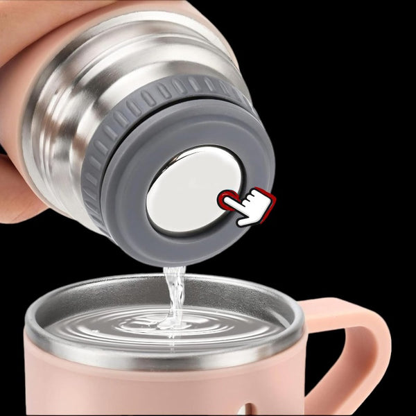 1 Set 500ml/16.9oz Stainless Steel Vacuum Insulated Bottle with 3 Cups Food-Contact Safe, Hot & Cold Insulation, Portable Leak-Proof Design – Perfect for Daily Use, Office, Travel & Ideal Gift for Her