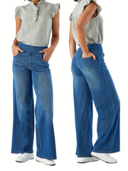 Women'S High-Waist Stretch Denim Wide-Leg Pants with Multiple Pockets, Distressed Vintage Casual Denim Long Pants