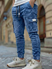 Men'S Slim Fit Multi-Pocket Jeans, Four Seasons Workwear Denim Trousers for Men, Washed Micro-Elastic Fabric, Elastic Waistband, Suitable for Leisure And Work