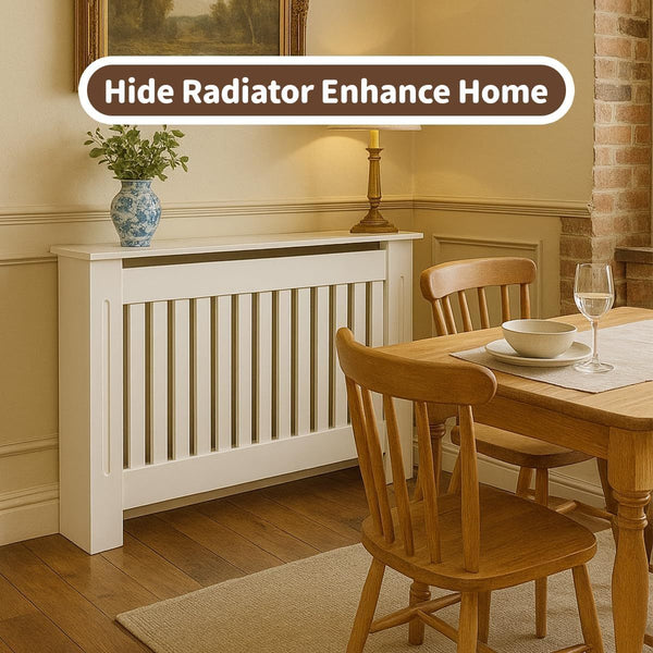 Radiator Cover Cabinet Large Small Wooden Radiator Cover, White Wood Painted MDF Cabinet Heater Cover Cabinet, Slats, Grill, Wood Top Shelf Easy Assembly for Living Room, Hallway, Bedroom Decoration