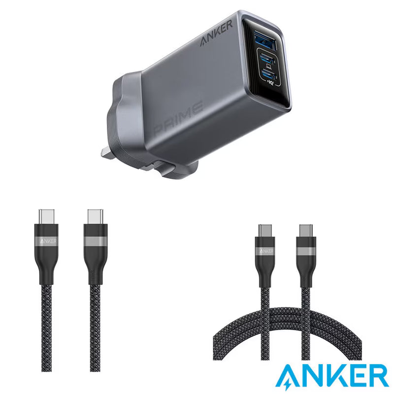 Anker Prime Charger (100W, 3 Ports, Ganprime) with 0.9 M & 1.8M 240W USB-C Cables