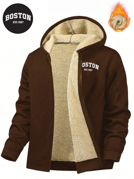 Men's Casual Zip-Up Hooded Jacket with Letter Print, Black & Beige Contrast, Regular Fit, Machine Washable, Front Pockets for Outdoor & Casual Attire