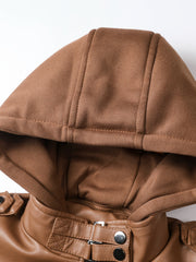 In Stock / Women's PU Jacket Hooded 2-in-1 Look Motorcycle Jacket for Spring and Autumn Wear, Gift, Women's Jacket, Casual Women's Coat, Jacket