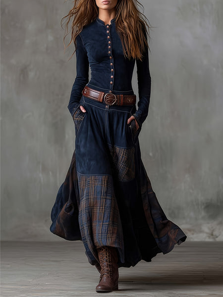 A Retro-Style Maxi Dress Featuring a Stand Collar, Single-Breasted Buttons, And a Waist-Cinched Design with Pockets And a, Adorned with Contrasting Check Patterns, Ideal for Daily Wear And Vintage-Themed Events