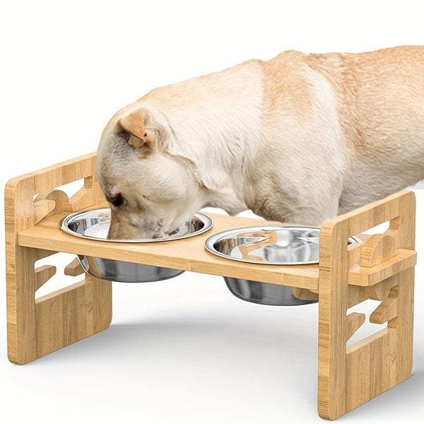Stainless Steel Double Bowl Feeding Station with Non-Slip Bamboo Base - Ergonomic Design for Easy Access, Perfect for Dogs and Cats, Pet Feeding Station, Pet Food Storage, Modern Petware, Durable Petware