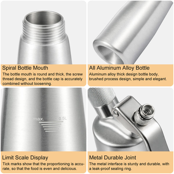 500ml butter whipper with 3 decorative nozzles. Professional butter whipper suitable for cakes, desserts, coffee, milkshakes, and home baking.