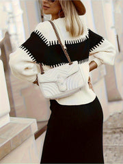 Chic Women's Ribbed Two-Piece Set: Color Block Sweater& Midi Skirt- Comfortable, Shaping Casual Wear for Fashion-Forward Ladies