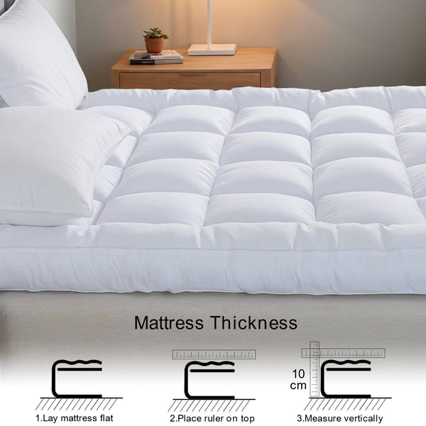 10cm Hotel Quality Mattress Topper | Super Soft with 1000GSM Hollowfiber Filling | Elasticized Corner Straps | White Blue Grey | Single, Small Double (4ft), Double, King, Super King Size