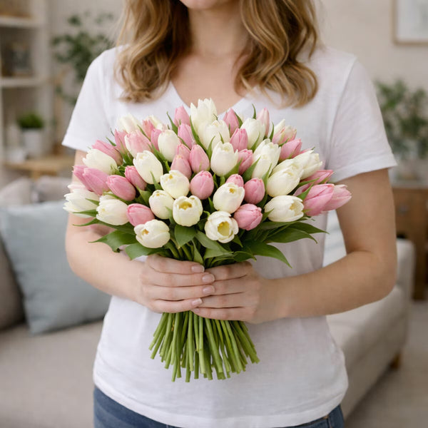 50 Stem Mother'S Day Tulip Bouquet with Greetings Card
