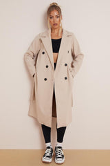 Women's Classy Solid Color Double Breasted Detachable Belted Pocket Pea Coat, Lapel Neck Long Sleeve Outerwear for Fall & Winter