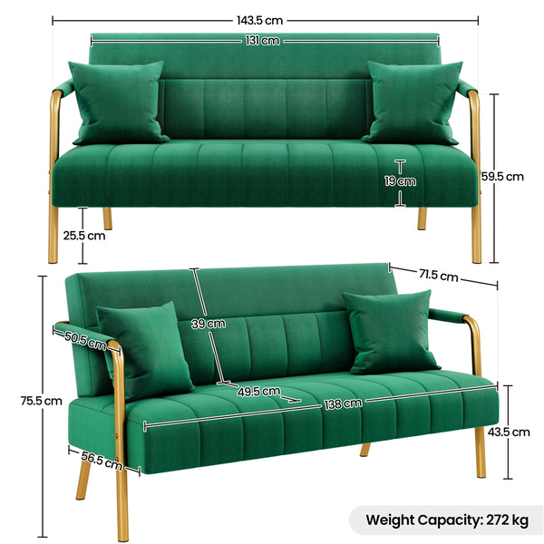 Costoffs Sofa Couch Modern Velvet Sofa Couch, 143cm Small Loveseat with Gold-tone Metal Arms & Legs, Upholstered Design, Includes 2 Pillows, Ideal for Bedroom, Home Office, Studio, Small Spaces, Light Grey/Green/Beige/Black/Pink