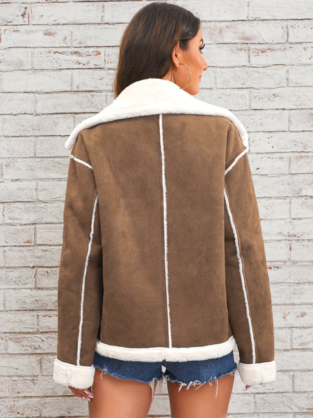 Women's Elegant Lapel Collar Plush Jacket with White Fur-Like Trim - Winter Warm Coat, Structured Fit Front Button Closure, Hand Washable Outerwear for Daily Travel & Holiday Outfits (Solid Color, Autumn/Winter) - Versatile Casual to Semi-Formal Wear