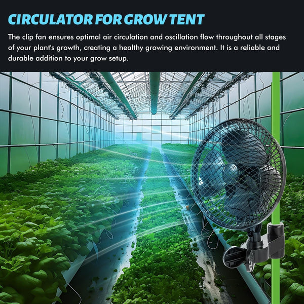Plant Tent Clip-On Fan, Featuring a Newly Designed Long-Life EC Motor, Dual-Speed Adjustable Fan, 90° Rotation, 22Cm Diameter, Ideal for Hydroponic Systems And Circulation Cooling in Grow Rooms