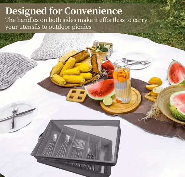 1pc 5-Compartment Fabric Flatware Organizer with Clear Lid - Portable Tension-Mounted Utensil Storage Box for Kitchen, Camping, Picnics - Chopsticks, Knife, Fork, Spoon Organizer, Picnic Flatware Holder | Stylish Table Accessory | Tension Mount Closure