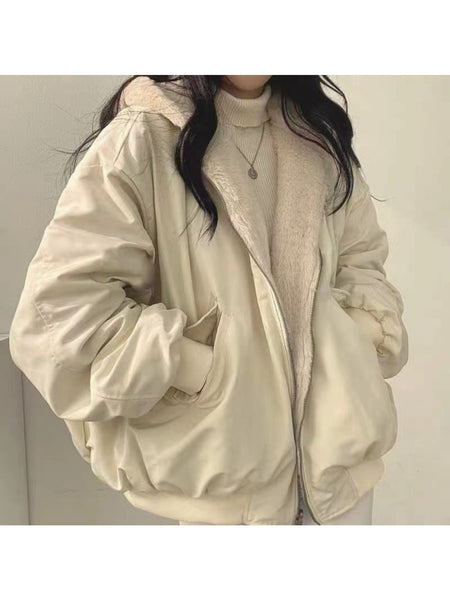 Large Size Velvet Thickened Two Sides Wear Lamb Clothes Women's Coat Winter New Zipper Hooded Coat Top