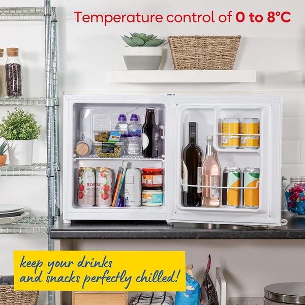 Russell Hobbs Table Top Larder Mini Fridge 40L Capacity, Quiet Running 39DB, Reversible Door, 0 to 8 Degrees Manual Temperature Control, White RHTTLF2E1W
