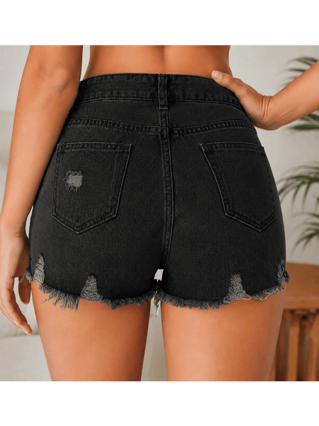 New Look Women Fashionable High Waist Denim Shorts Distressed Ripped Lace Pocket Summer Shorts Casual Wear