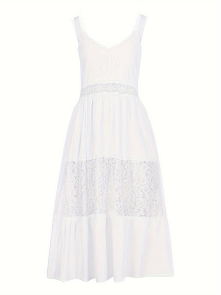 Women'S Midi Dress Lace V-Neck Sleeveless Dress Summer Beach Holiday Backless Cami Dresses