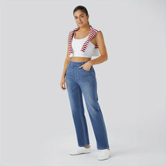 [Stretch High Waist Jeans] Stretch High Waist Multi-Pocket Straight Leg Jeans | Water-Washed Casual Pants, Machine Washable Solid Color Elegant Comfort for Spring/Summer