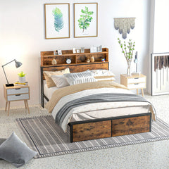 Industrial Double Bed Frame, 4. 8FT Steel Bed Base with Storage Headboard, Footboard, Slatted Support and Under Bed Storage, 145 x 209cm, Rustic Brown
